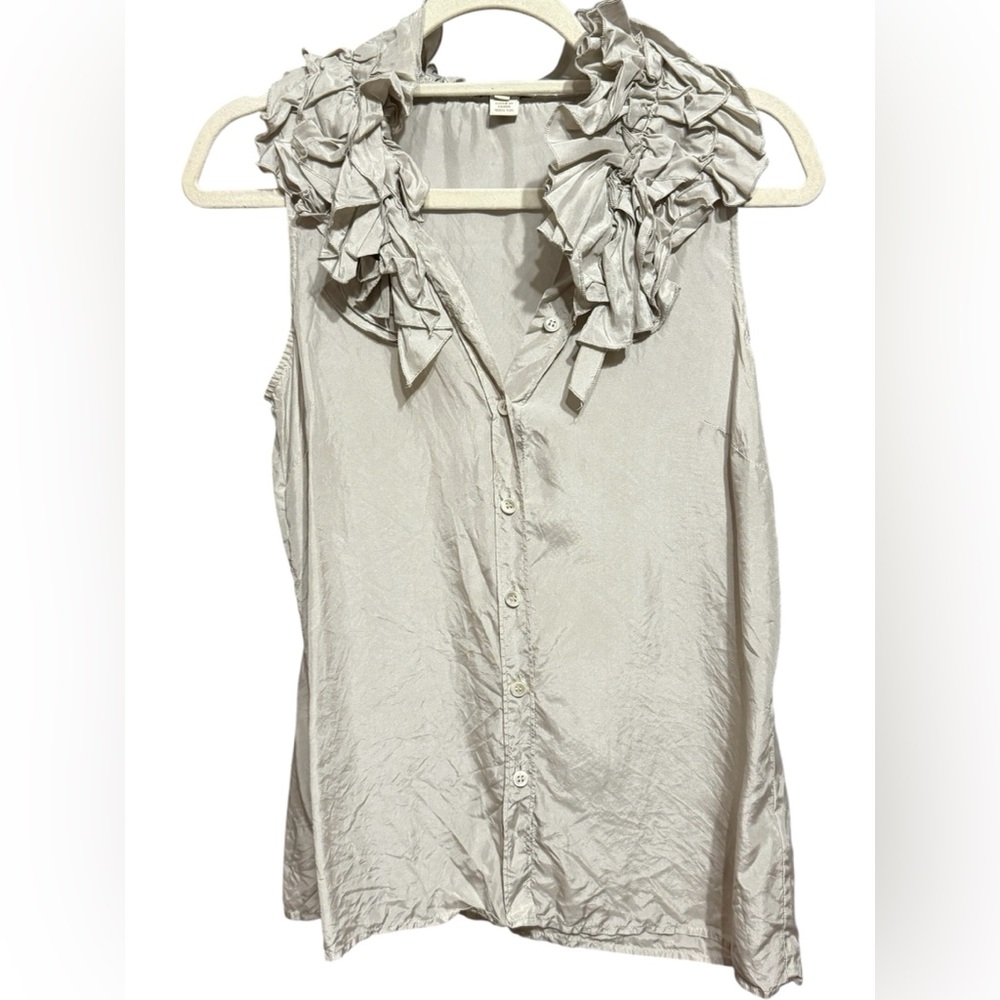 J. Crew Silver/Gray Dramatic Ruffle Neckline 100% Silk Vintage Button-down Top 4